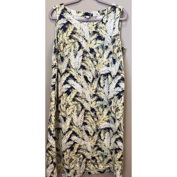 J.Jill Love Linen Palm Leaf Sleeveless Dress Size XL Petite Yellow Blue Pockets - Picture 1 of 5